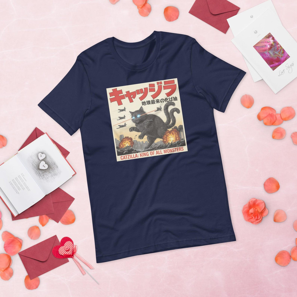 Funny Catzilla Japanese Style T Shirt Navy